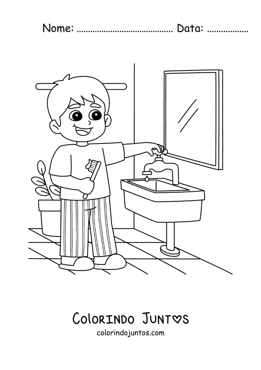 Desenho para colorir de um menino escovando os dentes no banheiro