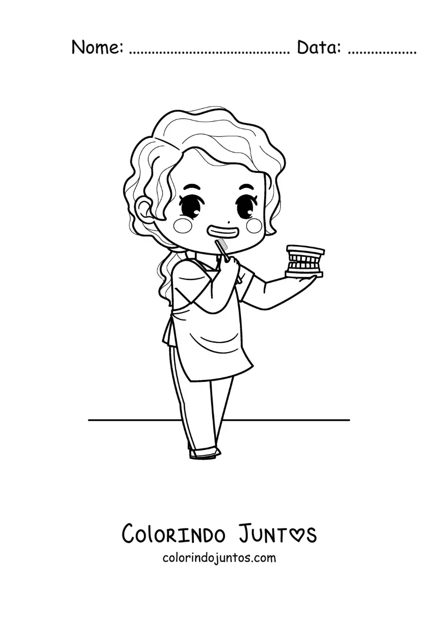 Desenho para colorir de uma dentista kawaii escovando os dentes