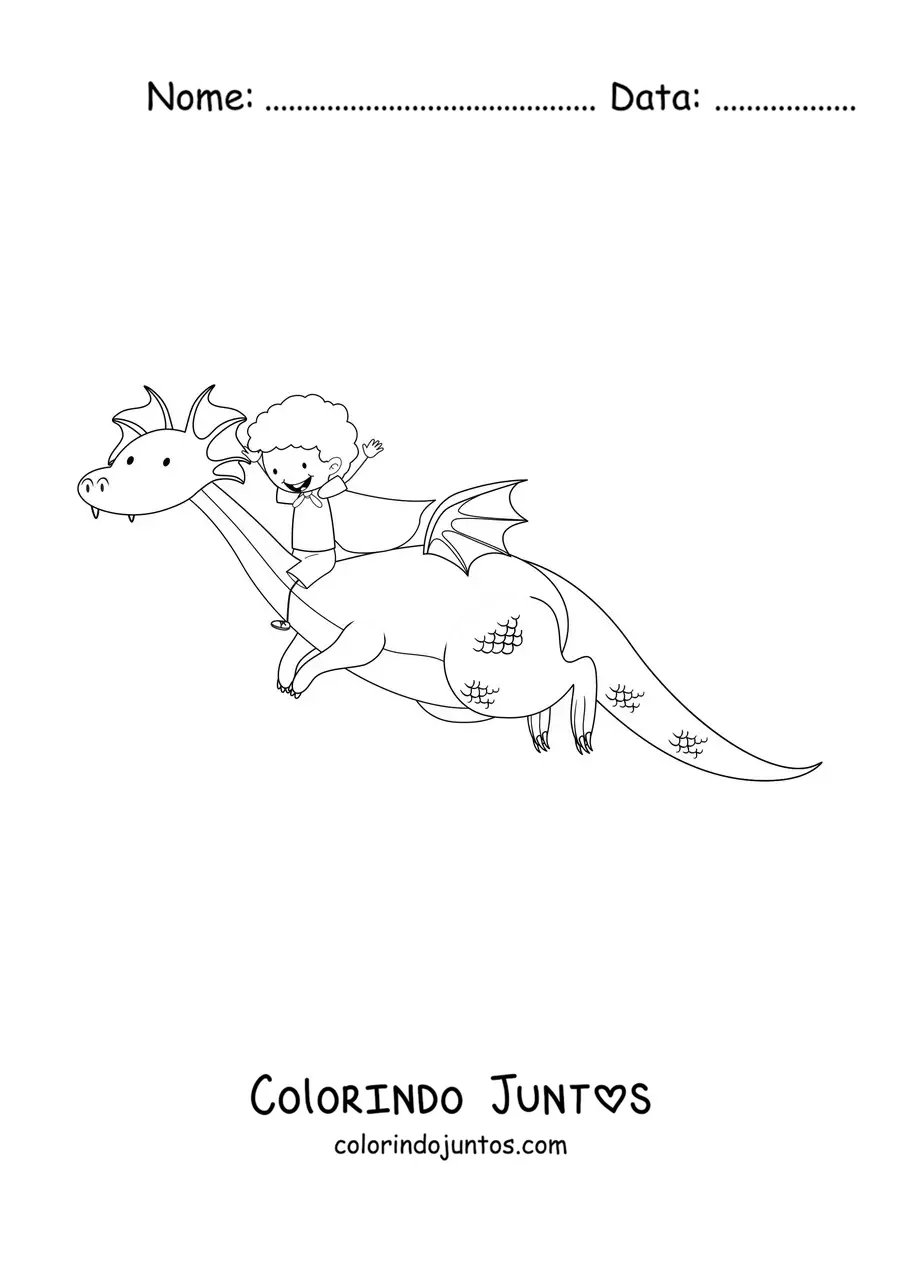 Desenho para colorir de um menino sobre um dragão animado