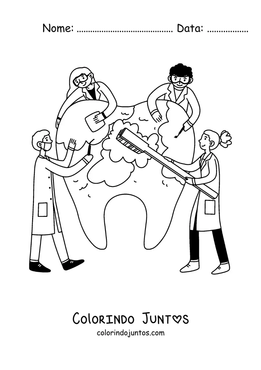 Desenho para colorir de um grupo de dentistas escovando um dente gigante