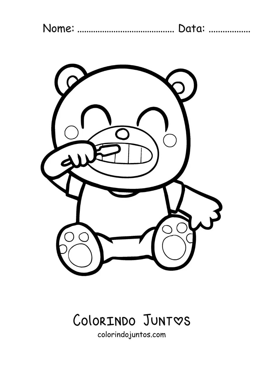 Desenho para colorir de um ursinho kawaii escovando os dentes