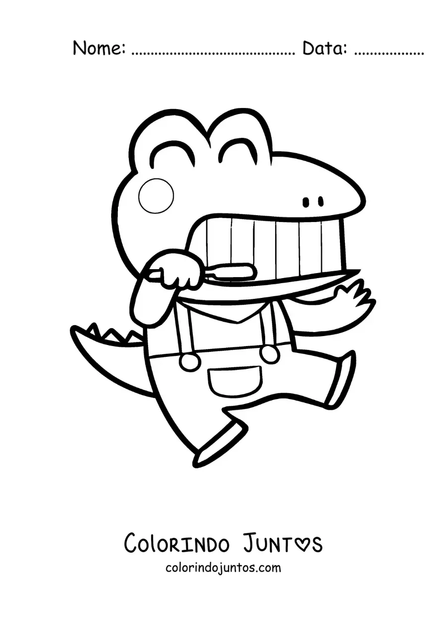 Desenho para colorir de um crocodilo animado kawaii escovando os dentes