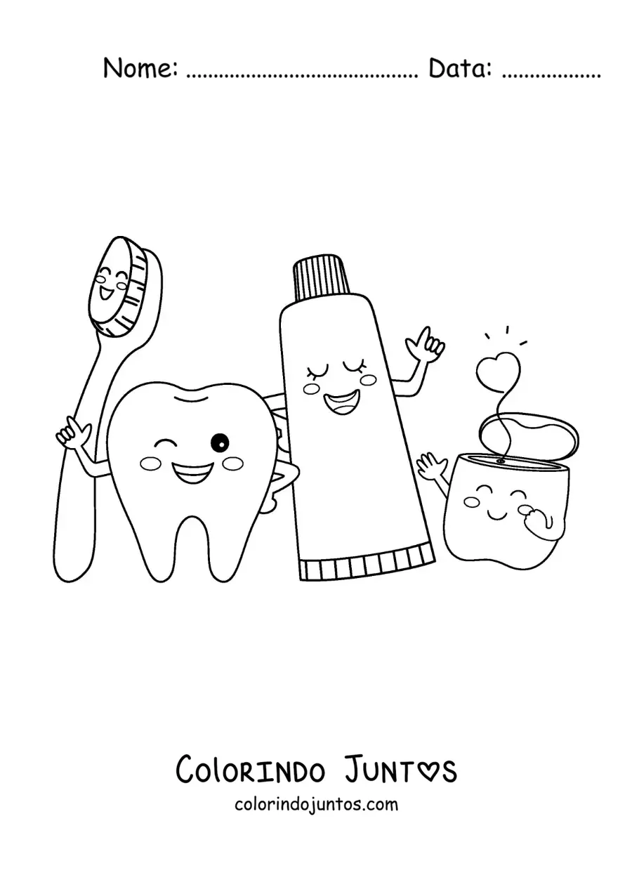 Desenho para colorir de itens de limpeza dental kawaii animados