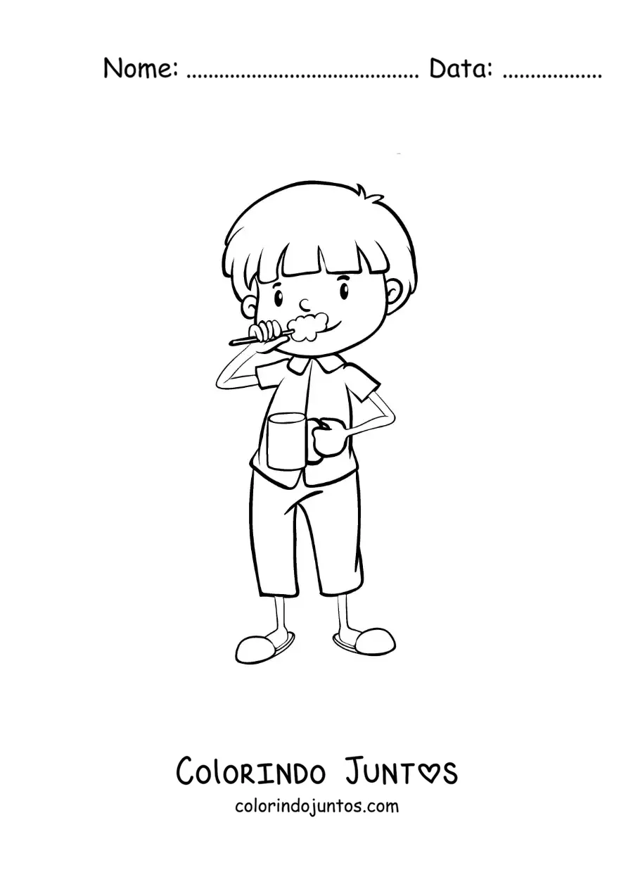 Desenho para colorir de um menino escovando os dentes e usando enxaguante bucal