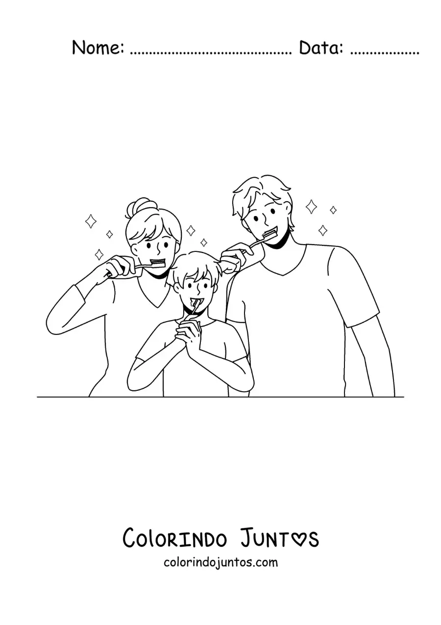 Desenho para colorir de uma família animada escovando os dentes