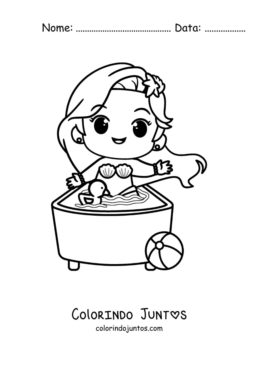 Desenho para colorir de uma sereia kawaii tomando banho