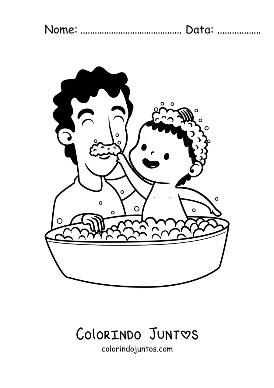 Desenho para colorir de um pai dando banho no filho