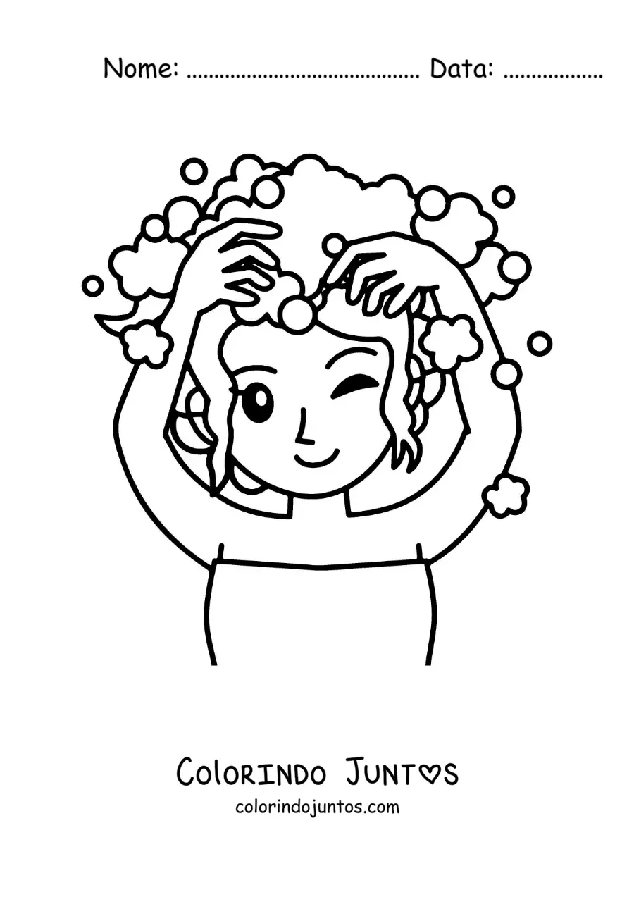 Desenho para colorir de uma menina kawaii lavando o cabelo com shampoo