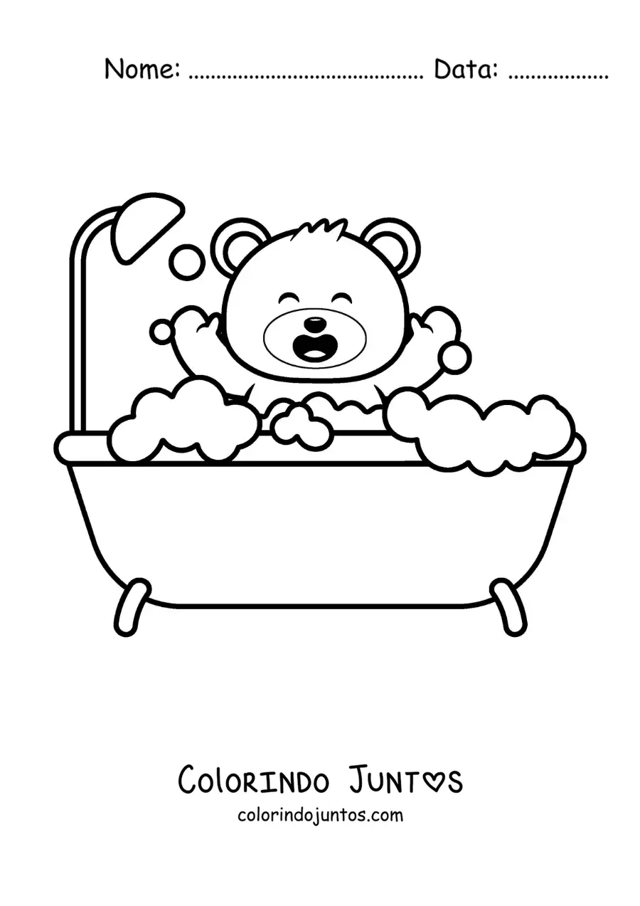 Desenho para colorir de um ursinho kawaii tomando banho