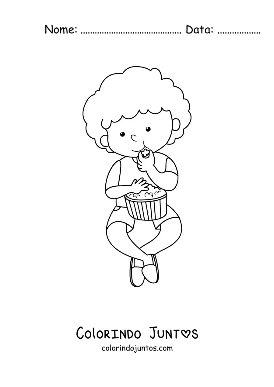 Desenho para colorir de um menino sentado comendo pipoca