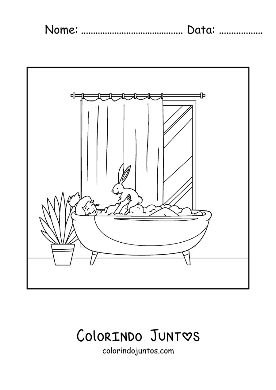 Desenho para colorir de uma menina tomando banho com seu coelho de estimação