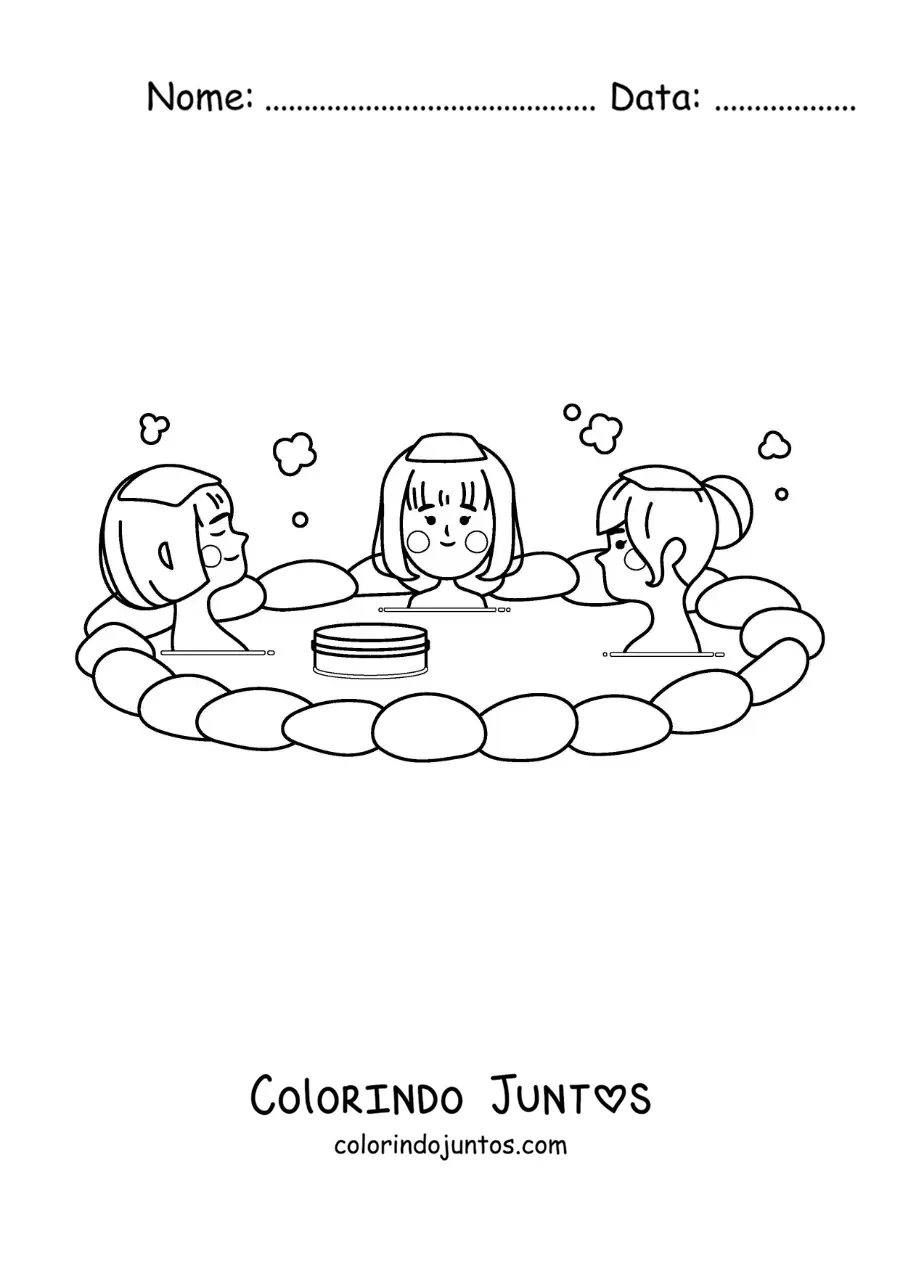 Desenho para colorir de banho onsen tradicional japonês
