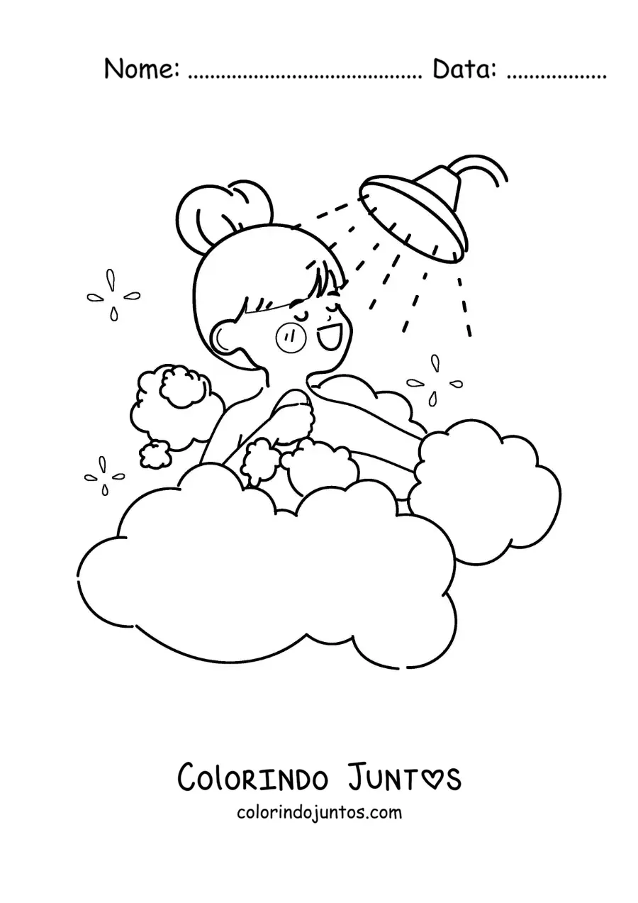 Desenho para colorir de uma menina kawaii se lavando no chuveiro