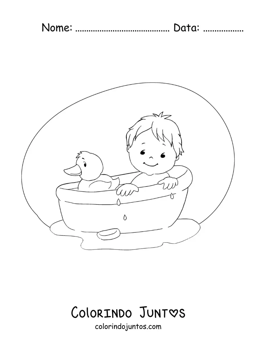 Desenho para colorir de um bebê na banheira com um patinho de borracha