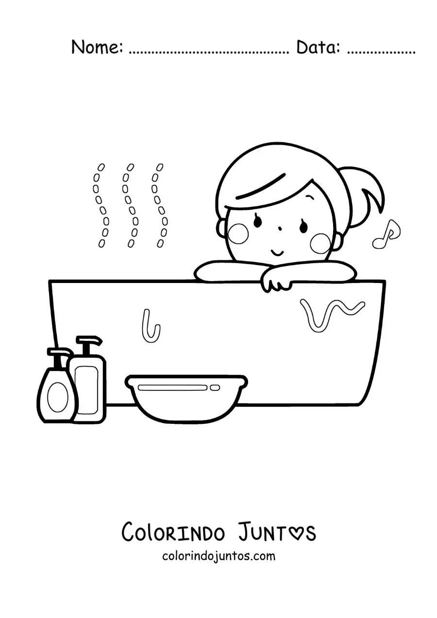 Desenho para colorir de uma menina kawaii na banheira ouvindo música