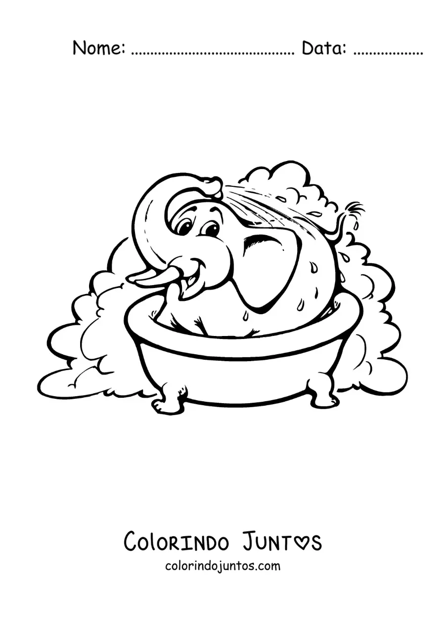 Desenho para colorir de um elefante animado tomando banho na banheira