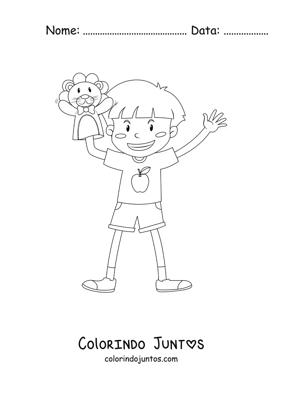 Desenho para colorir de um menino brincando com uma marionete