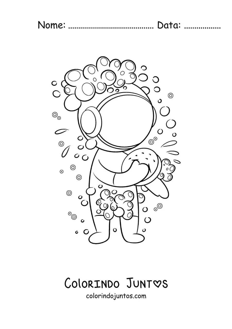 Desenho para colorir de um astronauta animado tomando uma ducha