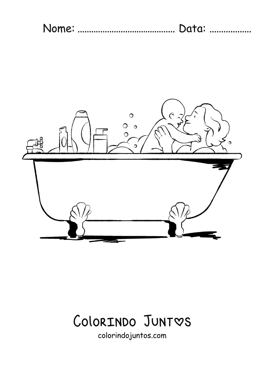 Desenho para colorir de uma mãe na banheira com seu bebê