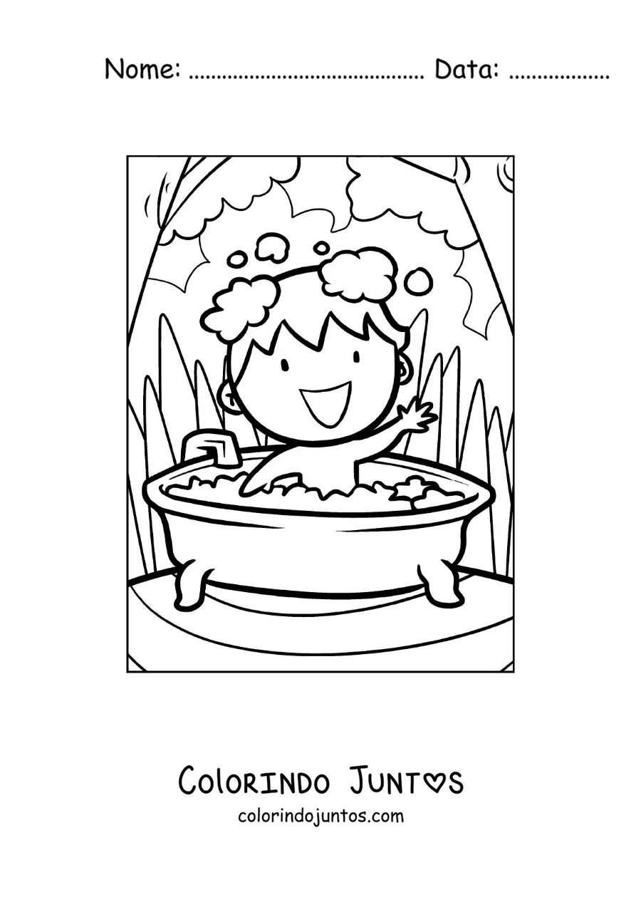 Desenho para colorir de um desenho de um menino tomando banho na banheira