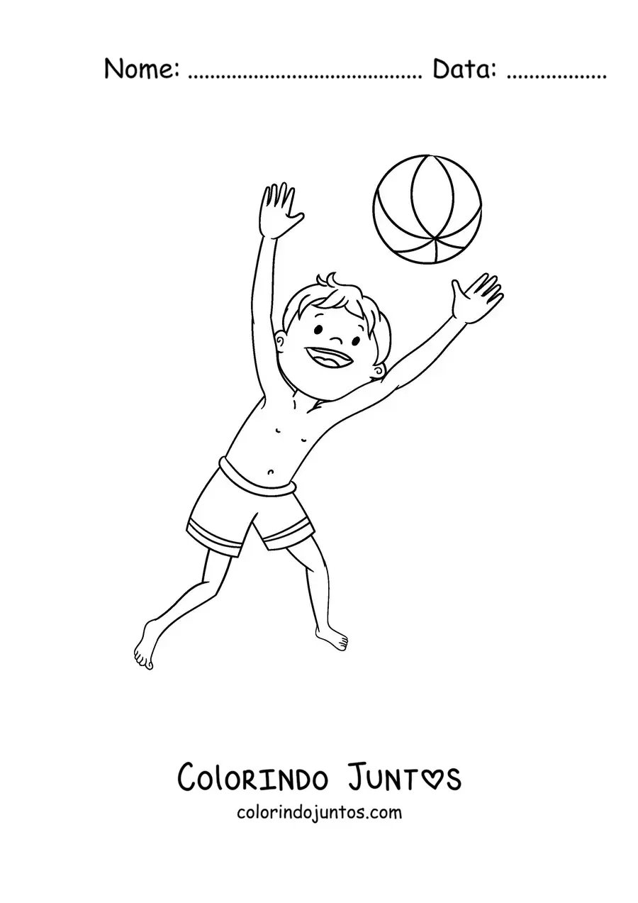 Desenho para colorir de um menino brincando com uma bola de praia