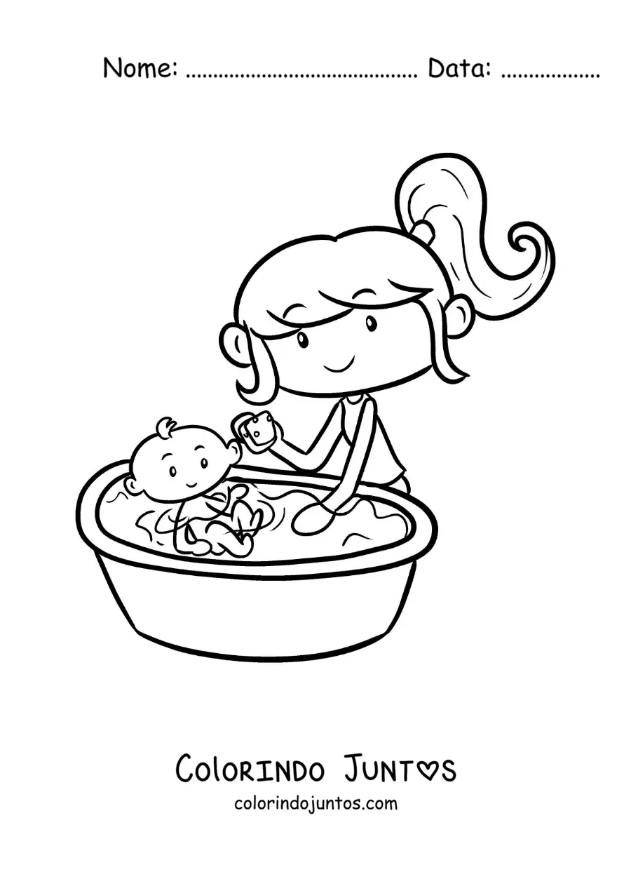 Desenho para colorir de uma menina dando banho na irmãzinha bebê