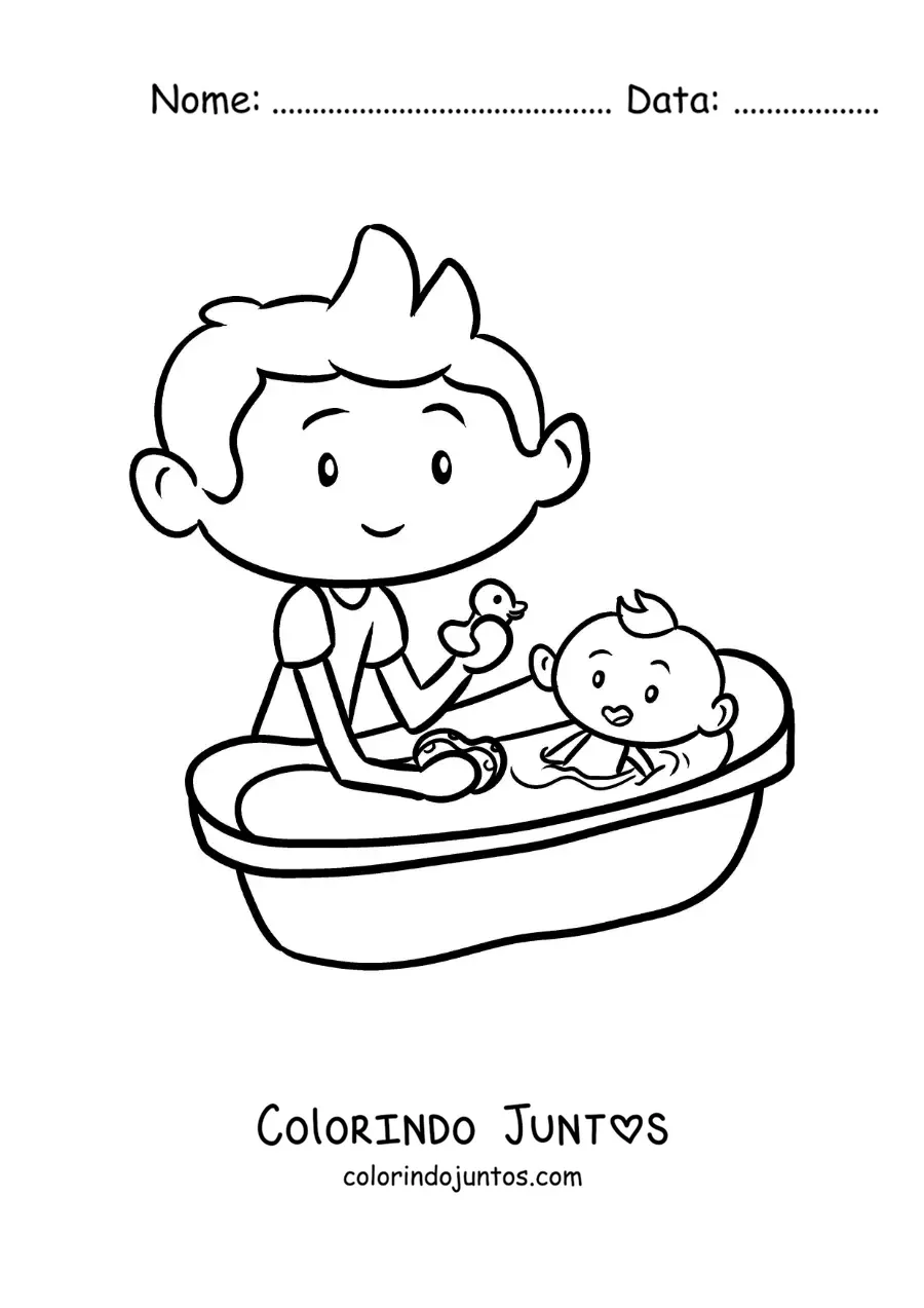 Desenho para colorir de um menino dando banho no irmãozinho bebê
