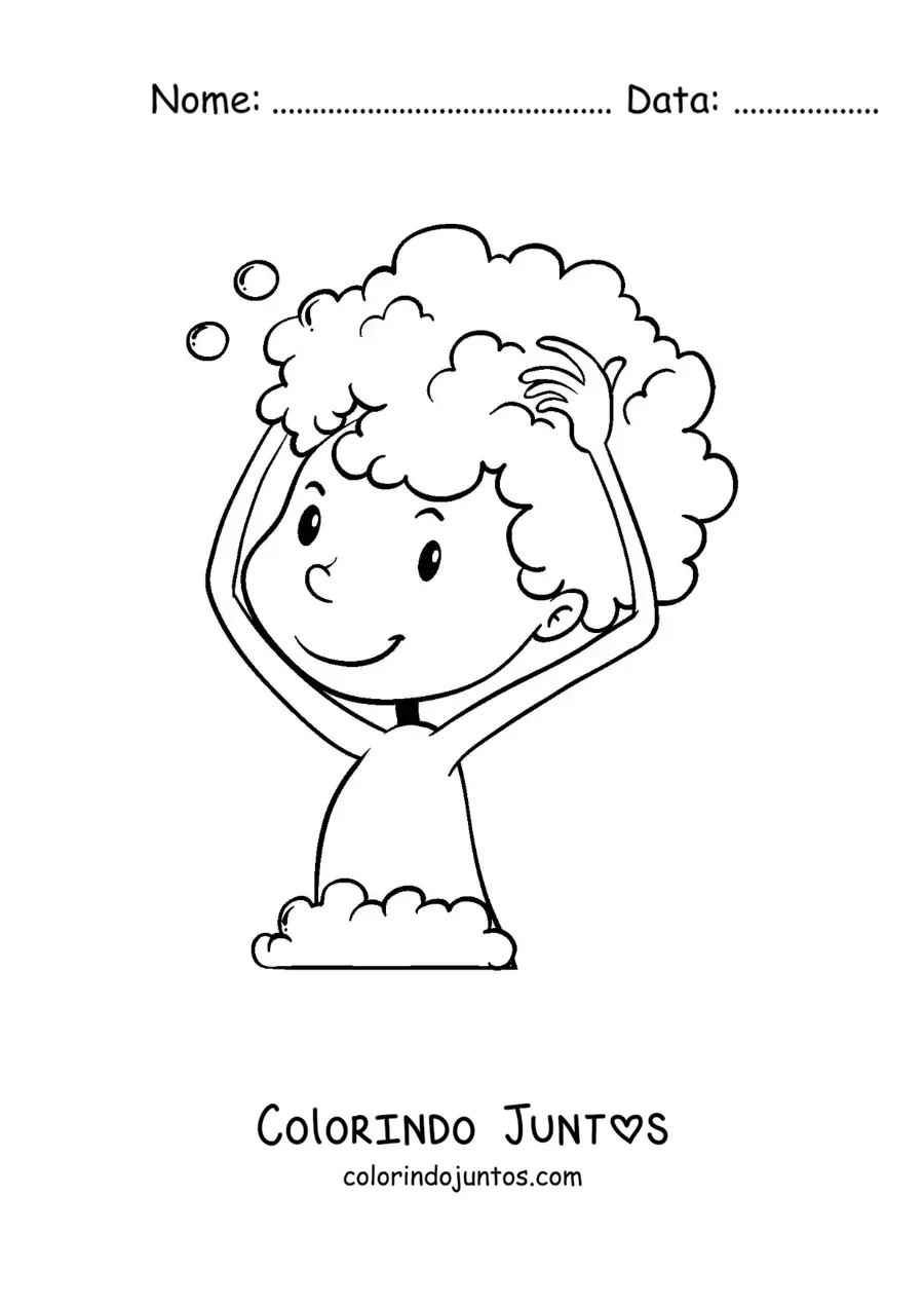Desenho para colorir de um menino lavando o cabelo com xampu