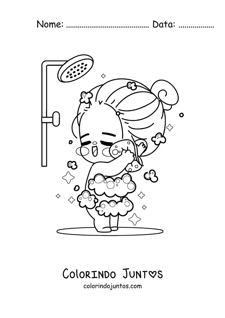 Desenho para colorir de uma menina kawaii cantando enquanto toma banho