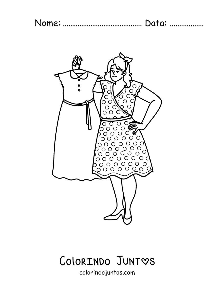 Desenho para colorir de uma menina fofa com um vestido em um cabide