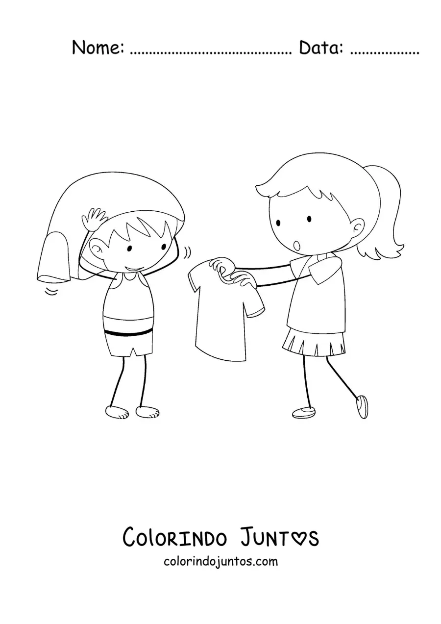 Desenho para colorir de uma menina ajudando o irmãozinho a se vestir
