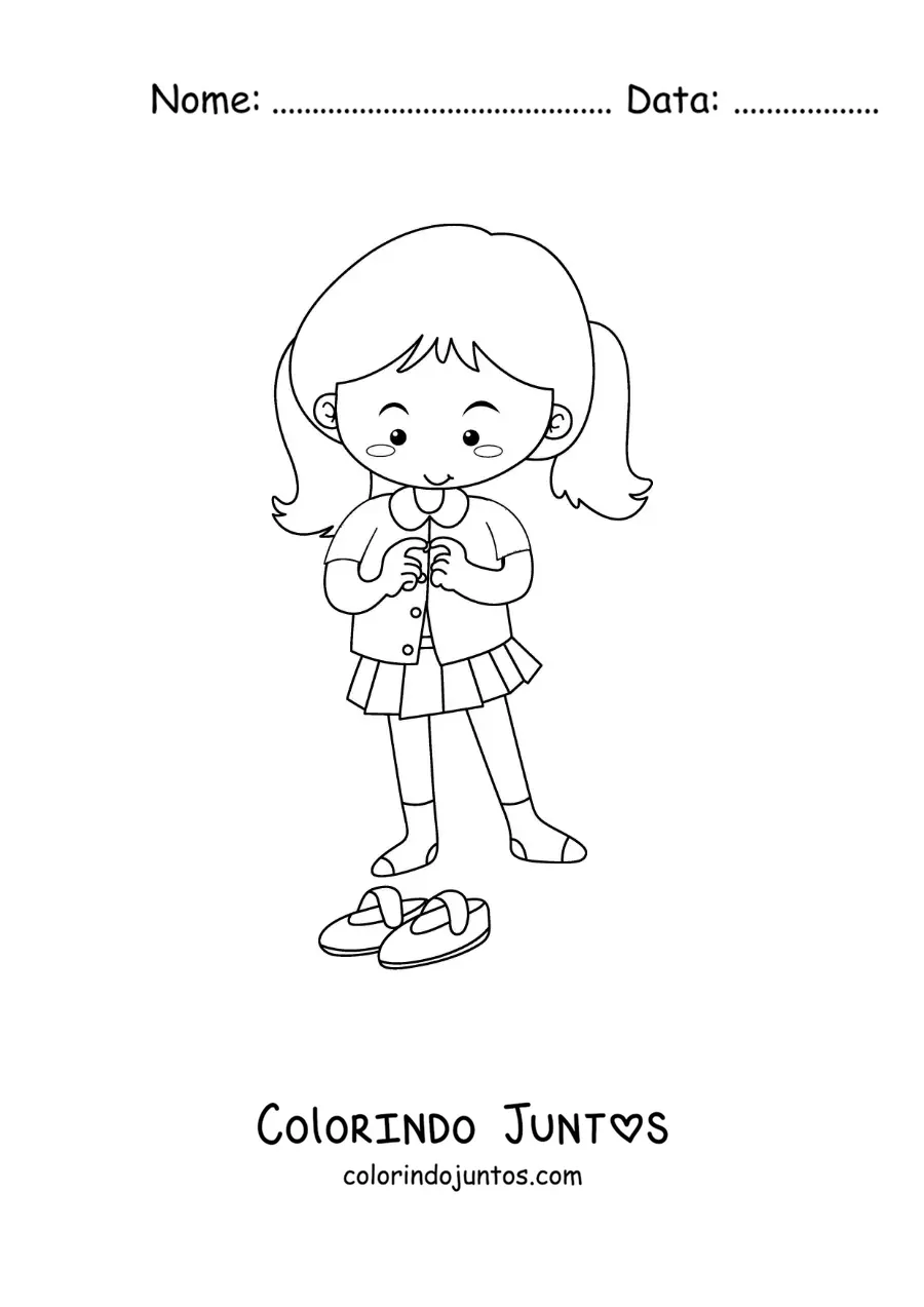 Desenho para colorir de uma menina vestindo o uniforme para ir à escola