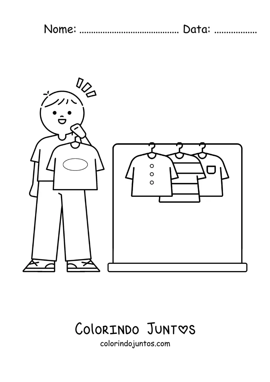 Desenho para colorir de um menino escolhendo uma camisa do armário