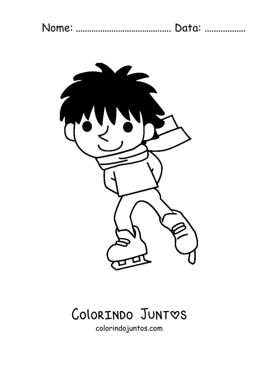 Desenho para colorir de um menino patinando no gelo
