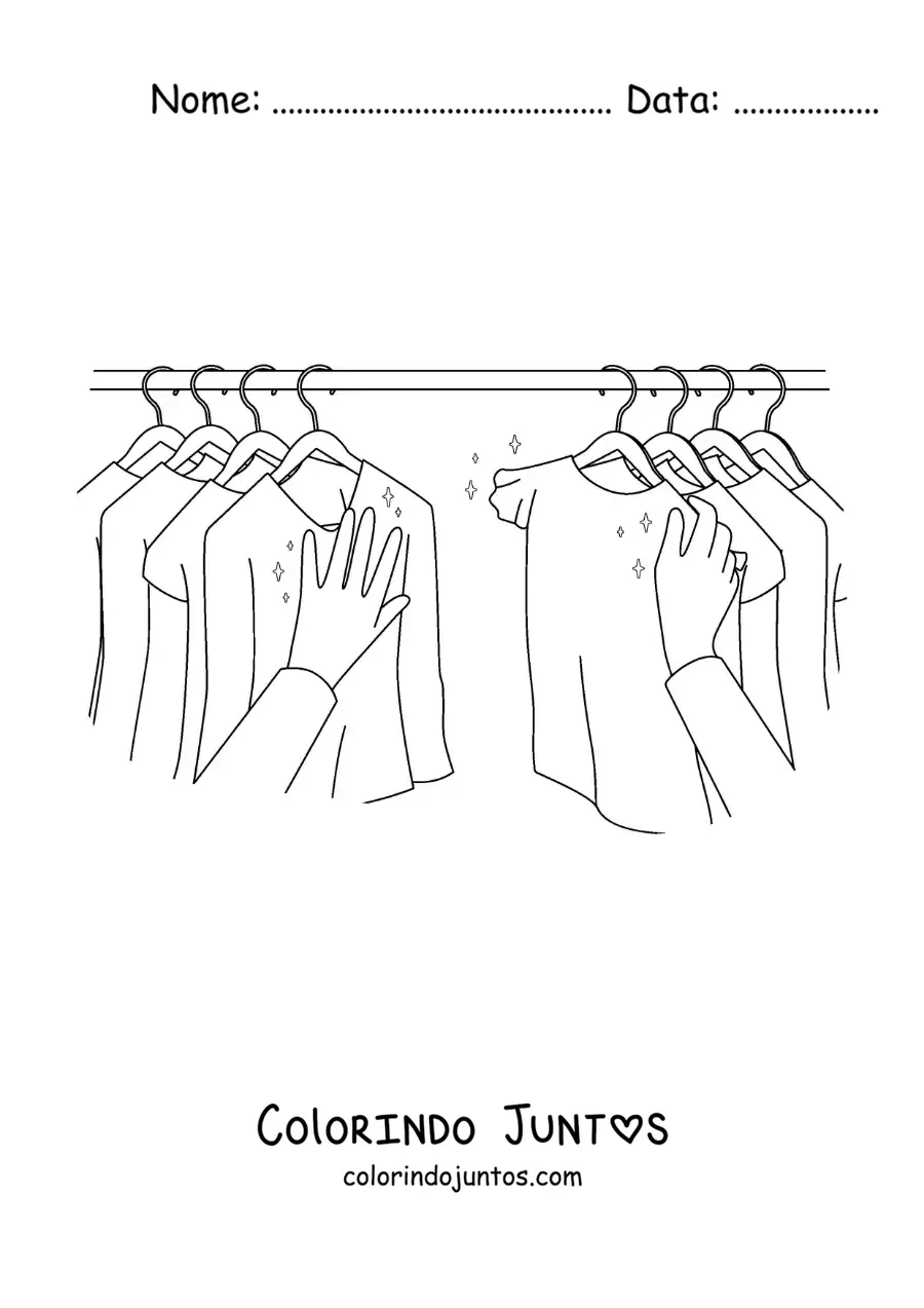 Desenho para colorir de uma pessoa escolhendo uma camiseta do armário