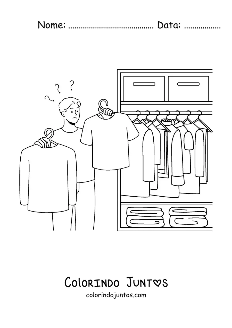 Desenho para colorir de um homem escolhendo uma camisa do guarda-roupa