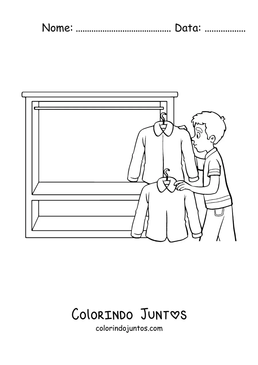 Desenho para colorir de um menino tirando camisas do armário