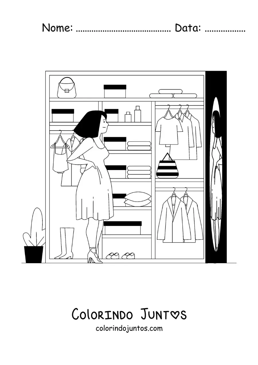 Desenho para colorir de uma menina escolhendo a roupa para sair