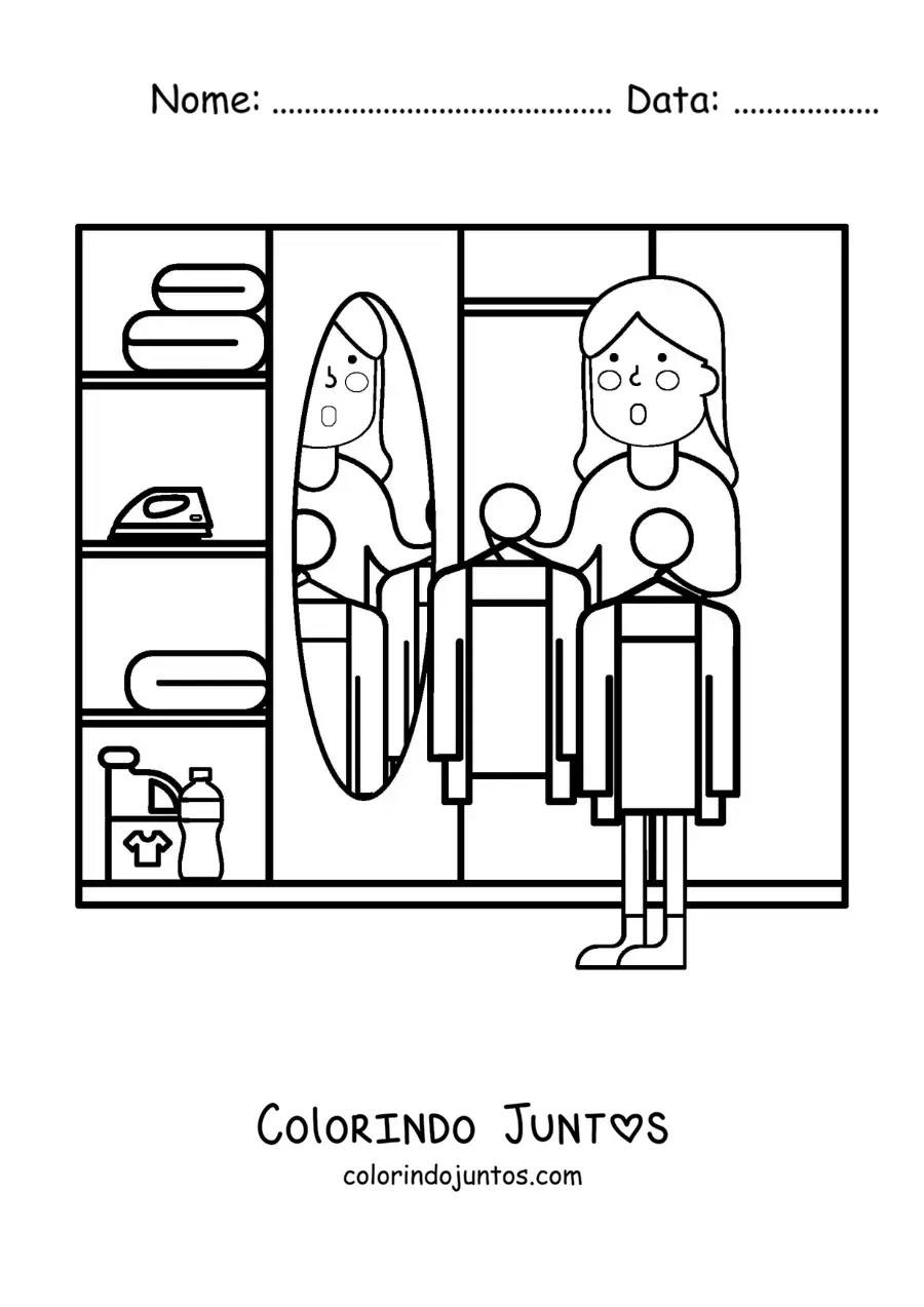 Desenho para colorir de um desenho de uma mulher escolhendo a roupa no armário
