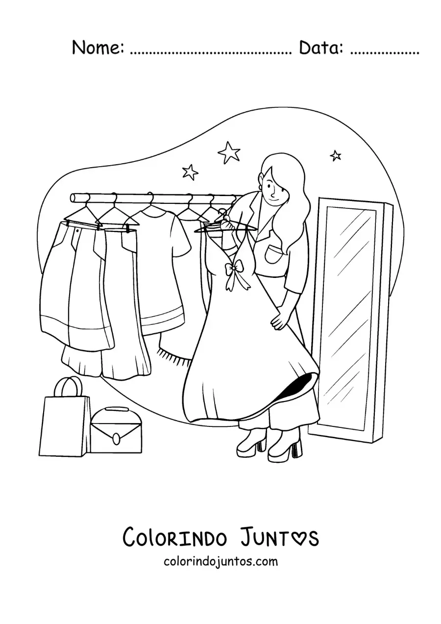 Desenho para colorir de uma menina escolhendo um vestido e uma bolsa no armário