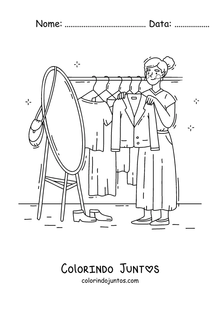 Desenho para colorir de uma menina experimentando um casaco em frente ao espelho