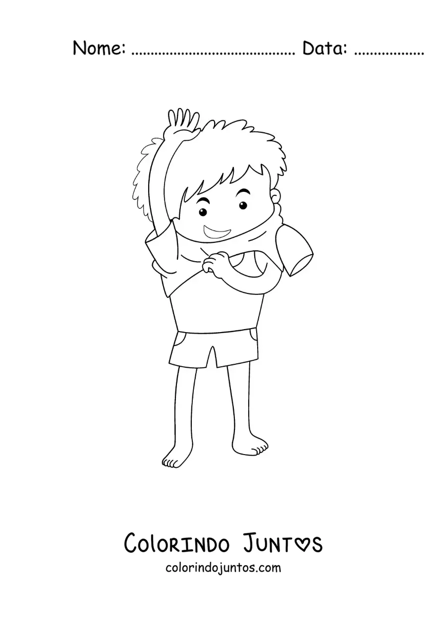 Desenho para colorir de um menino vestindo a camisa do uniforme