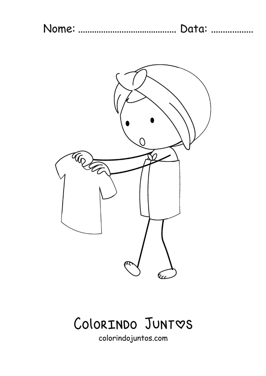 Desenho para colorir de uma menina enrolada em toalhas segurando uma camisa em um cabide