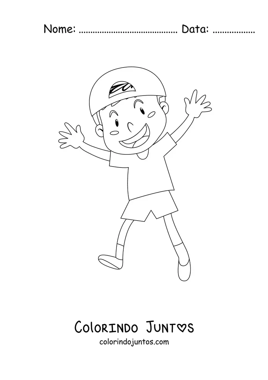Desenho para colorir de um menino pulando alegre