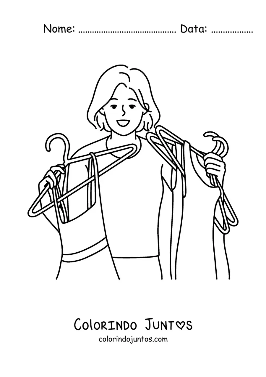 Desenho para colorir de uma mulher segurando vários cabides com vestidos do armário