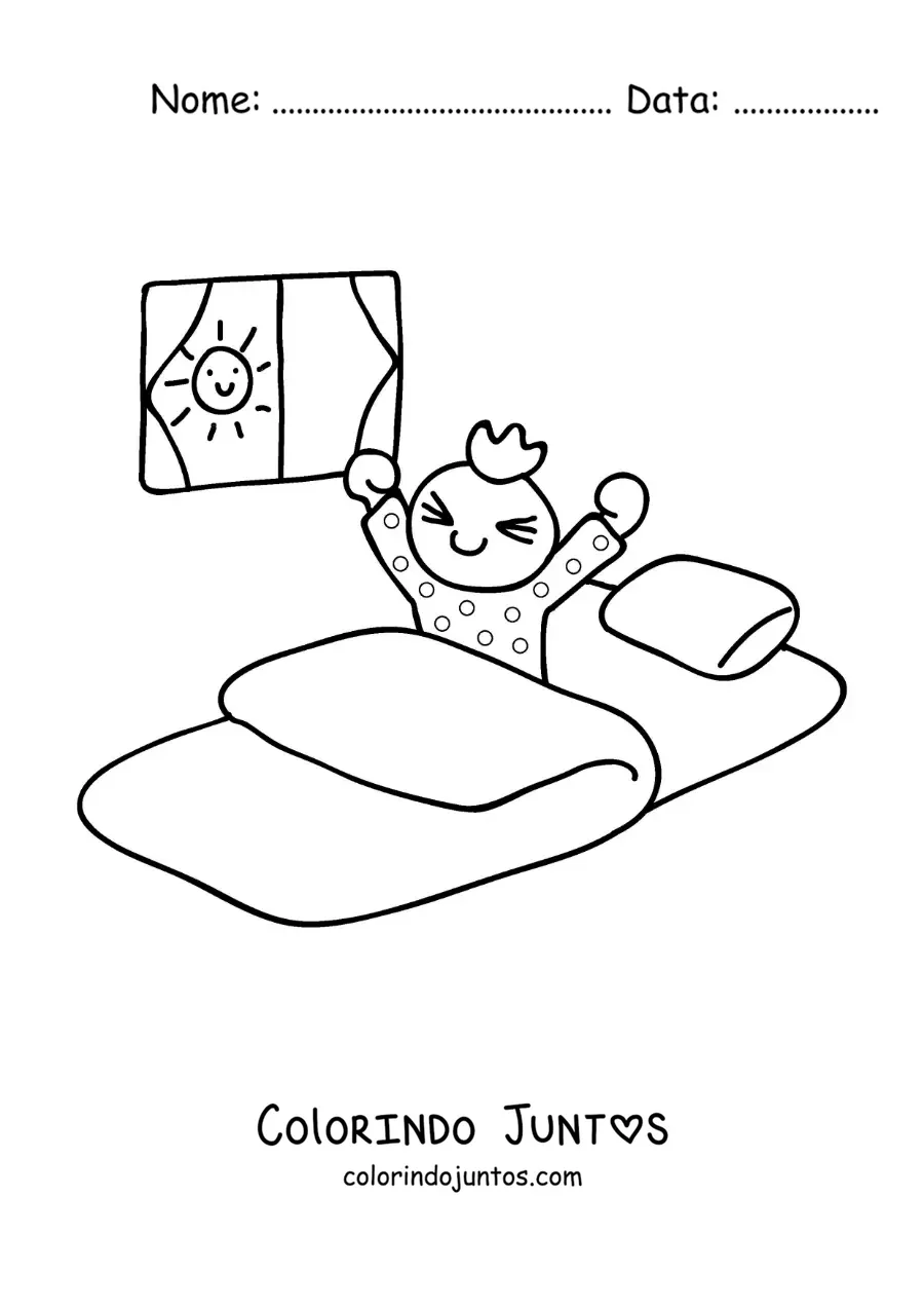 Desenho para colorir de um menino acordando no quarto pela manhã