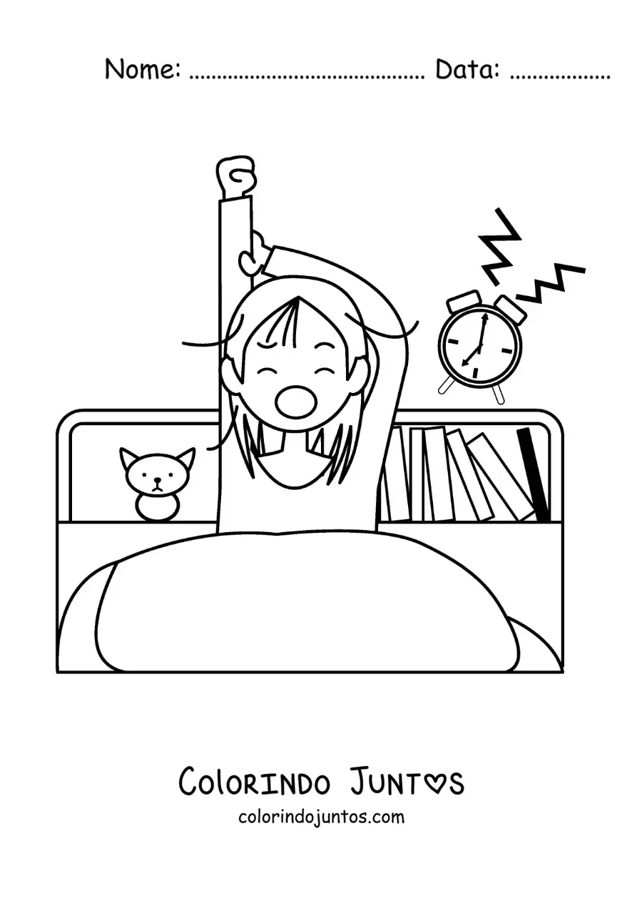 Desenho para colorir de uma menina acordando no quarto com um despertador