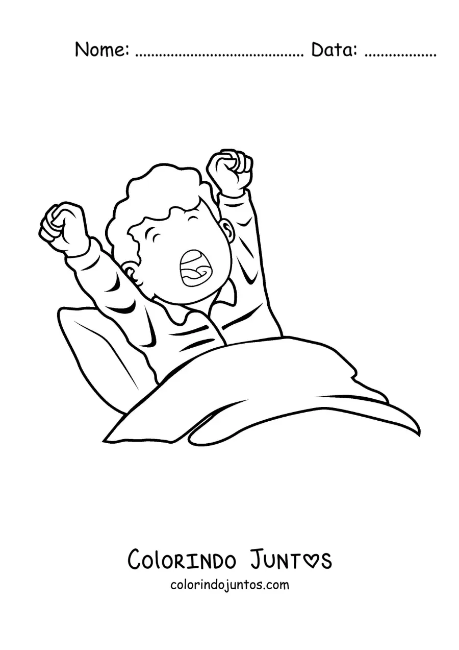 Desenho para colorir de um menino bocejando na cama ao acordar