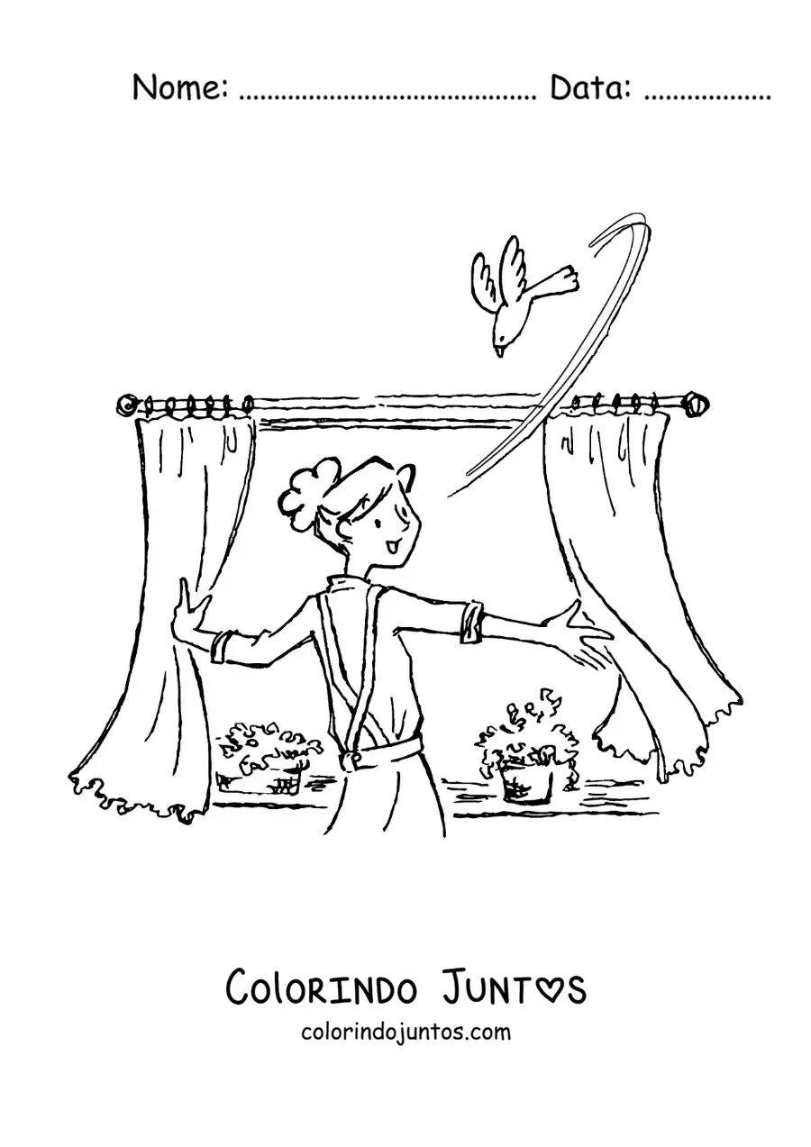Desenho para colorir de uma menina abrindo a janela pela manhã