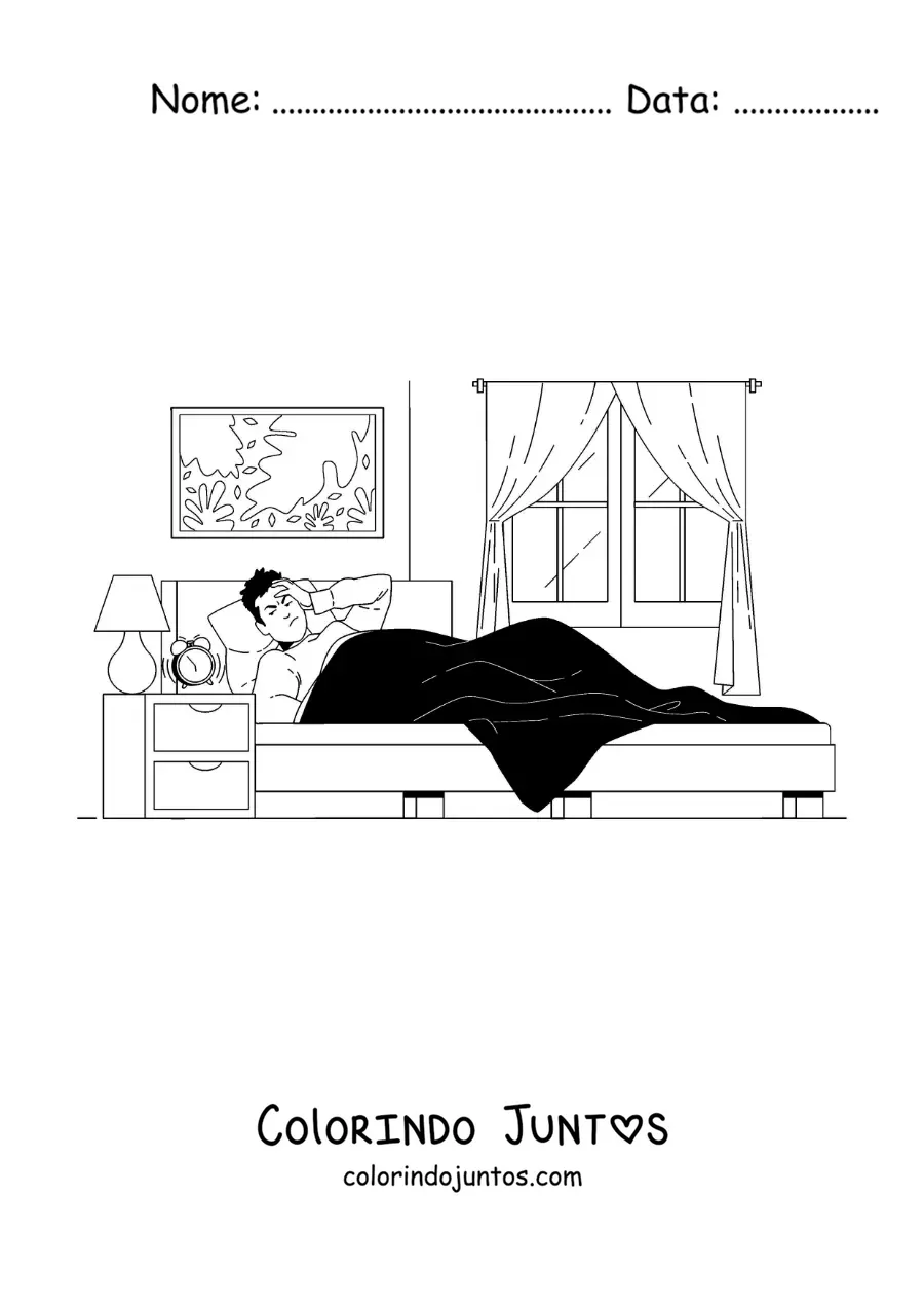 Desenho para colorir de um menino acordando no quarto com um despertador